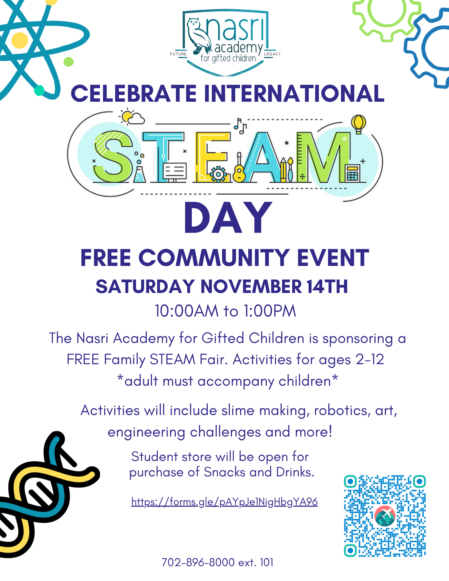 International STEAM Day at Nasri Academy: November 14, 10 AM–1 PM. Free family fair for ages 2–12 with an accompanying adult.